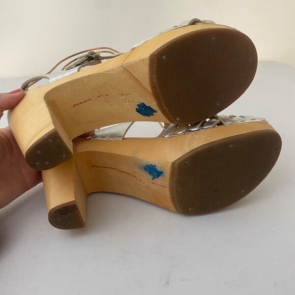 Swedish Hasbeens Toffel Sandals w Heel Shoes Silver Metallic - Picture 8 of 10